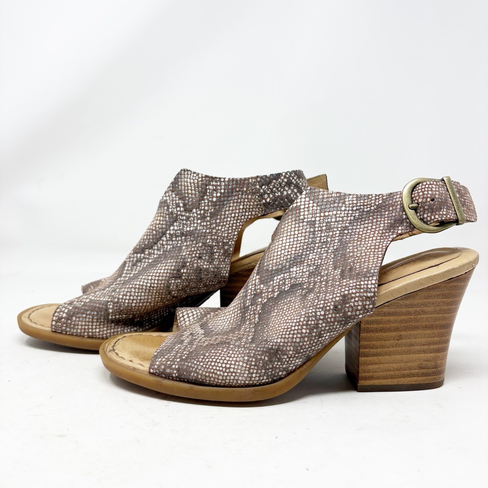 Born Snakeskin Print Leather Slingback Block Heel Sandals Size 7M Peeptoe